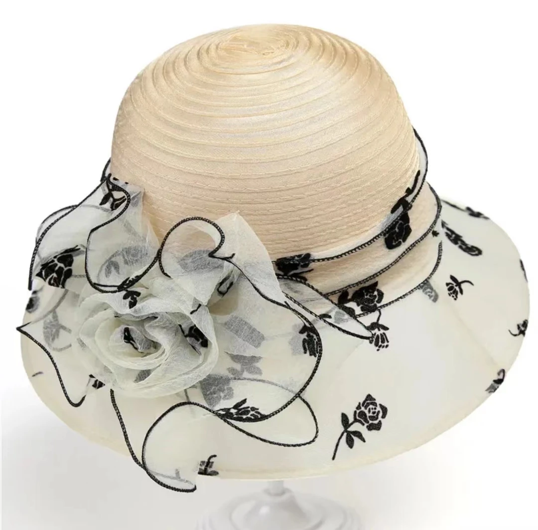 M-[白色]时尚蕾丝欧根纱花朵优雅遮阳(旅游防晒遮阳帽）