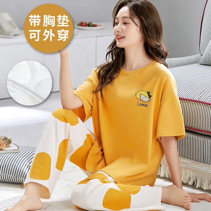 网红爆款带胸垫一体式睡衣女士夏季短袖长裤夏天清新款家居服套装