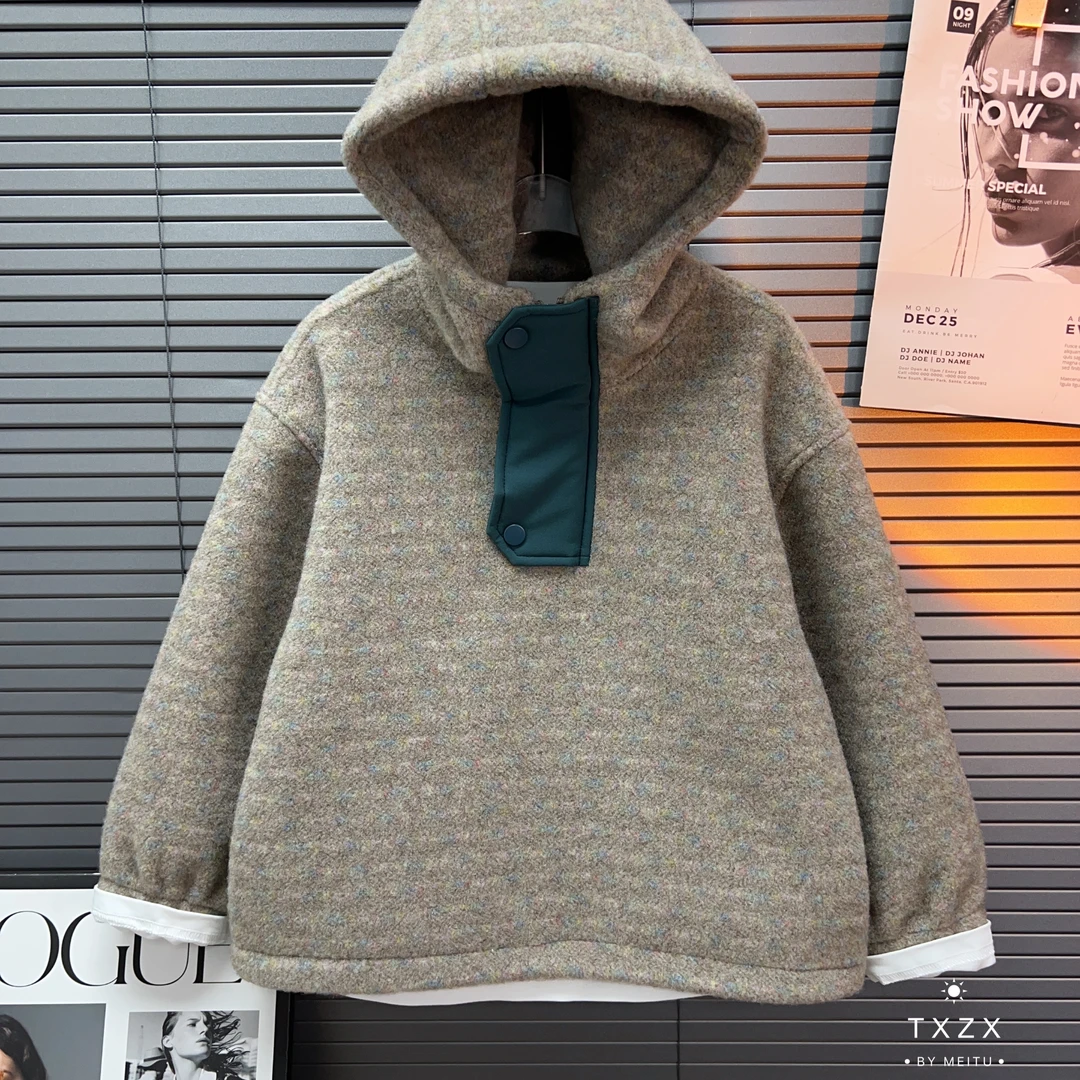 TX-24XY156冬季新款中大童呢料韩版设计师款加绒加厚连帽外套卫裤