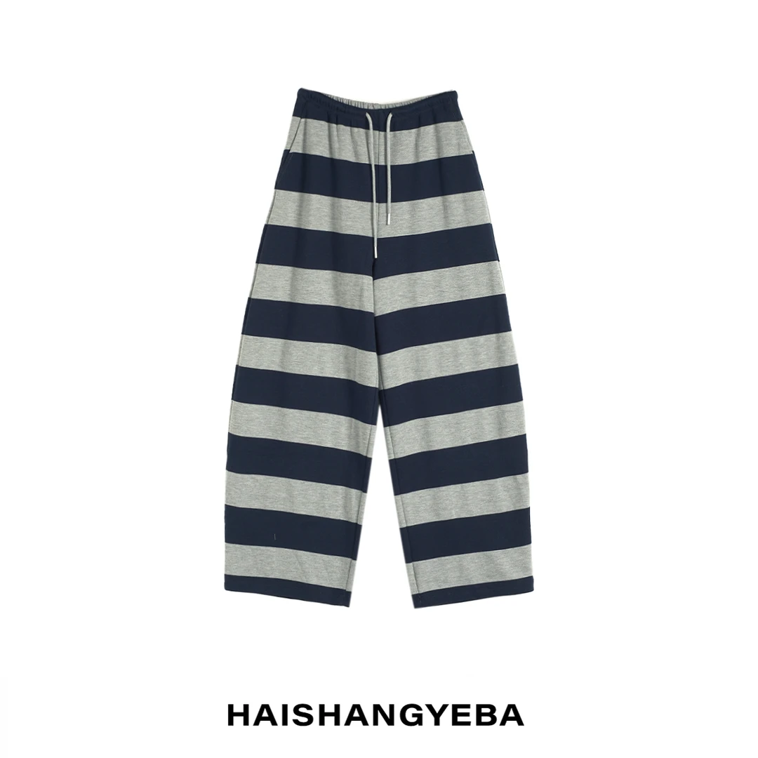 【海上叶爸】新款2025春秋百搭棉松紧腰宽松直筒条纹休闲裤