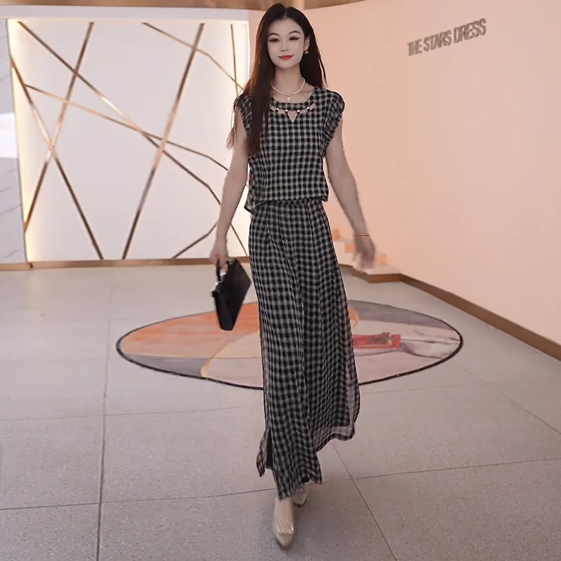 时尚休闲套装女2025夏季新款气质时髦减龄格子上衣阔腿裤一整套