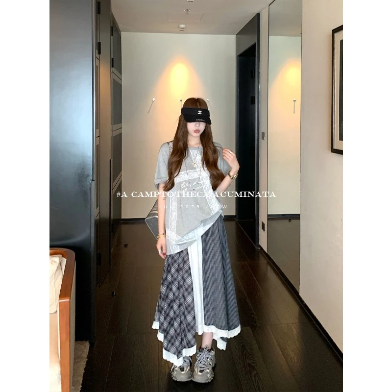 LUU桃喜儿/蕾丝拼接格子半身裙女夏不规则宽松长裙高腰设计感裙子