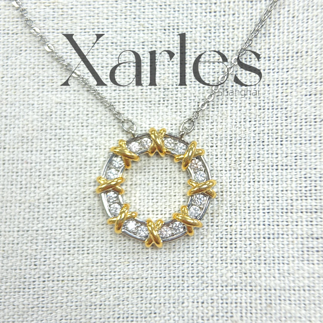 铜合金项链 元-十六石交叉圆环微镶细银色项链30134