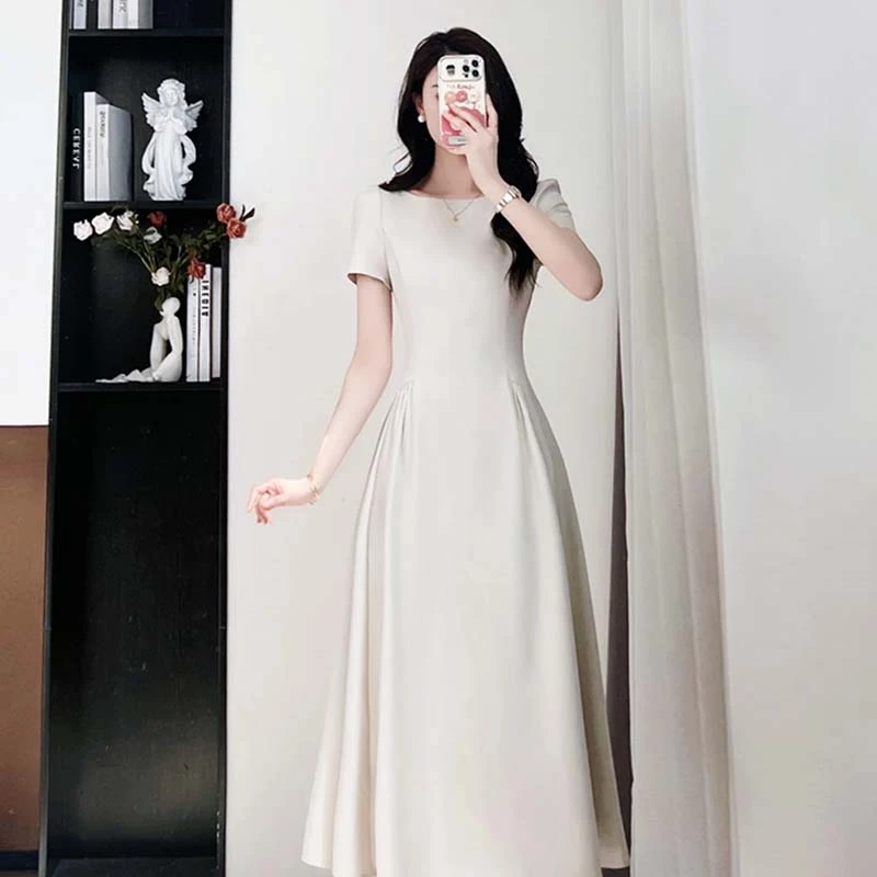 中长裙修身法式设计师短袖长裙收腰连衣裙D2193