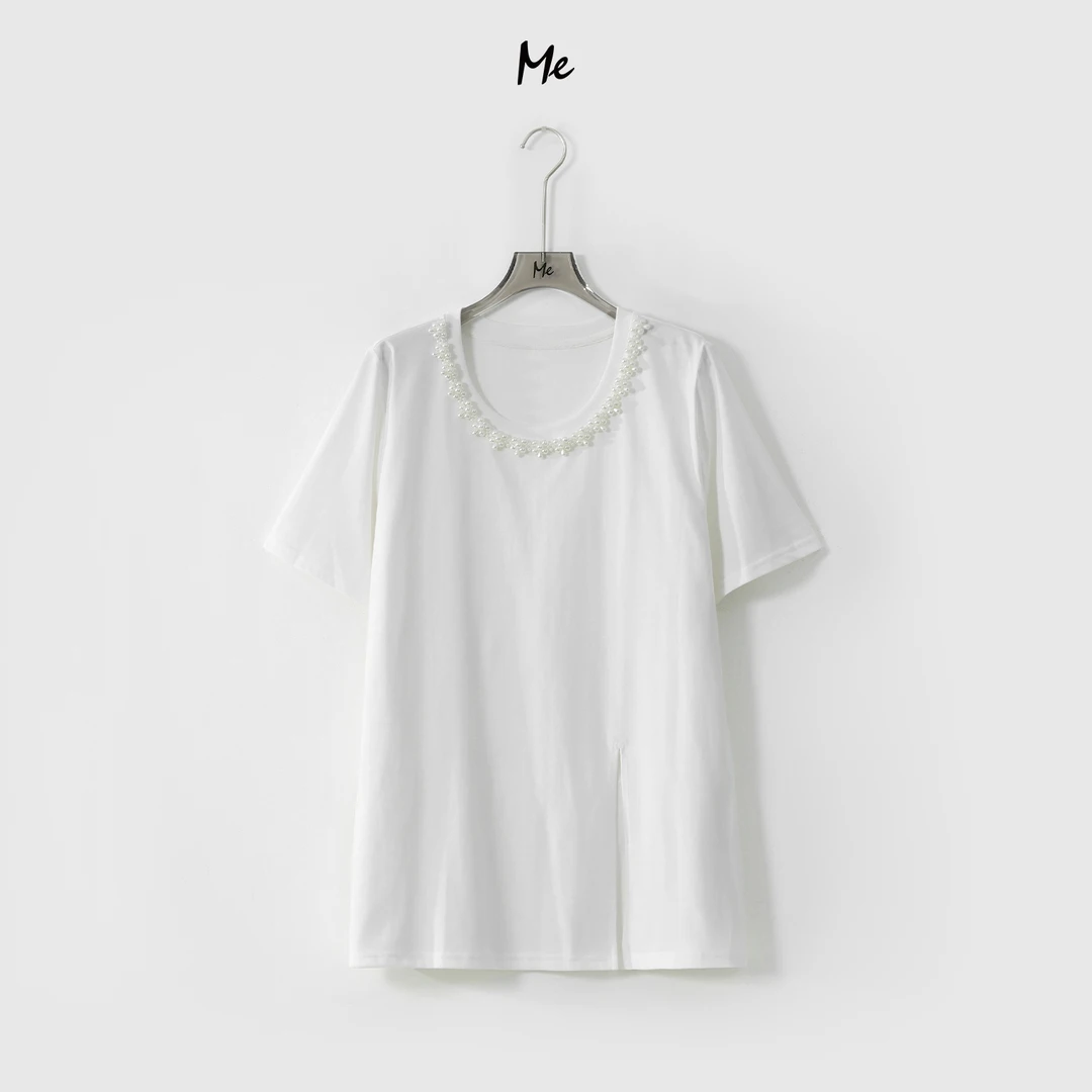 ME【伊甸园】冰柔感手缝贝珠显瘦舒适时尚百搭休闲短袖T恤MESS5130