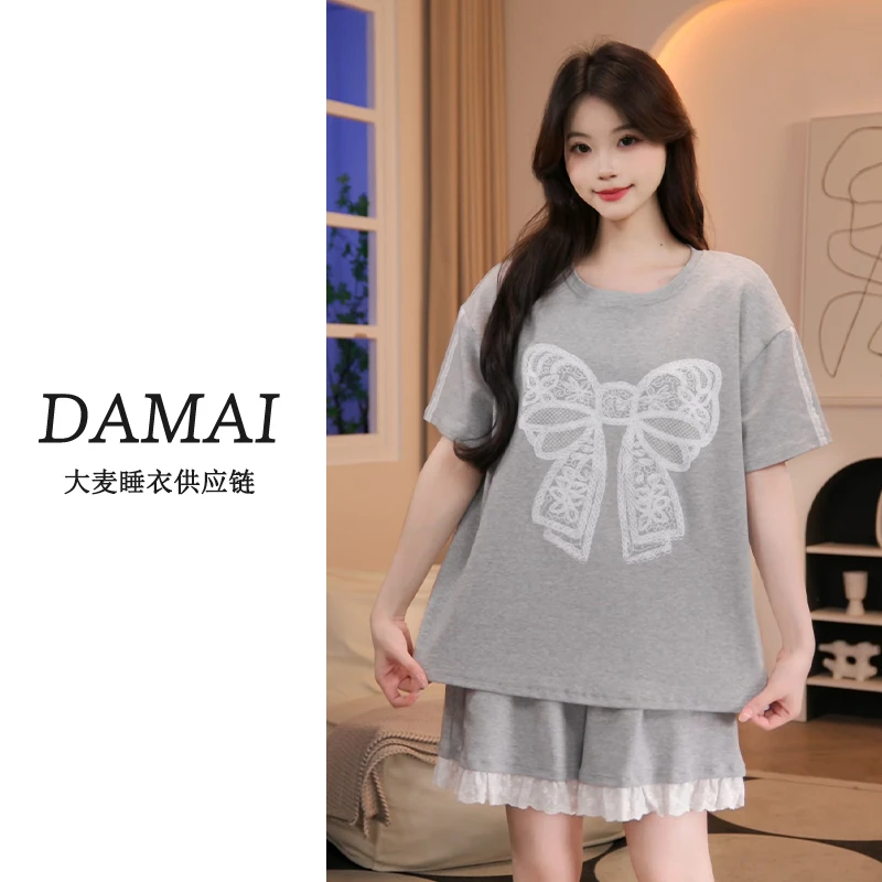 2025年新款夏季纯棉睡衣女可外出蝴蝶结短袖短裤带胸垫家居服套装