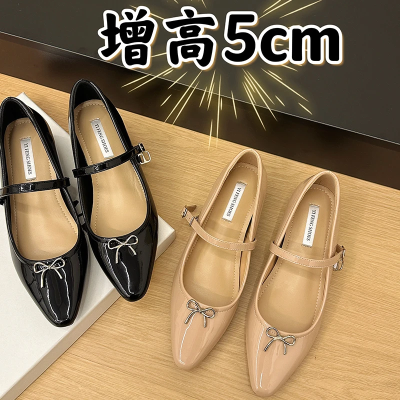 尖头内增高5cm单鞋女软面浅口平底鞋女一字扣带蝴蝶结玛丽珍鞋