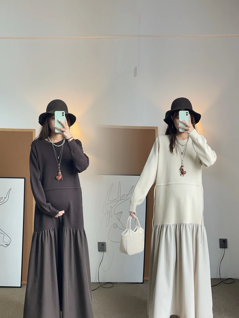 孕妇装连衣裙秋季新款梨型身材垂感裙过膝长款遮肚子显瘦气质裙