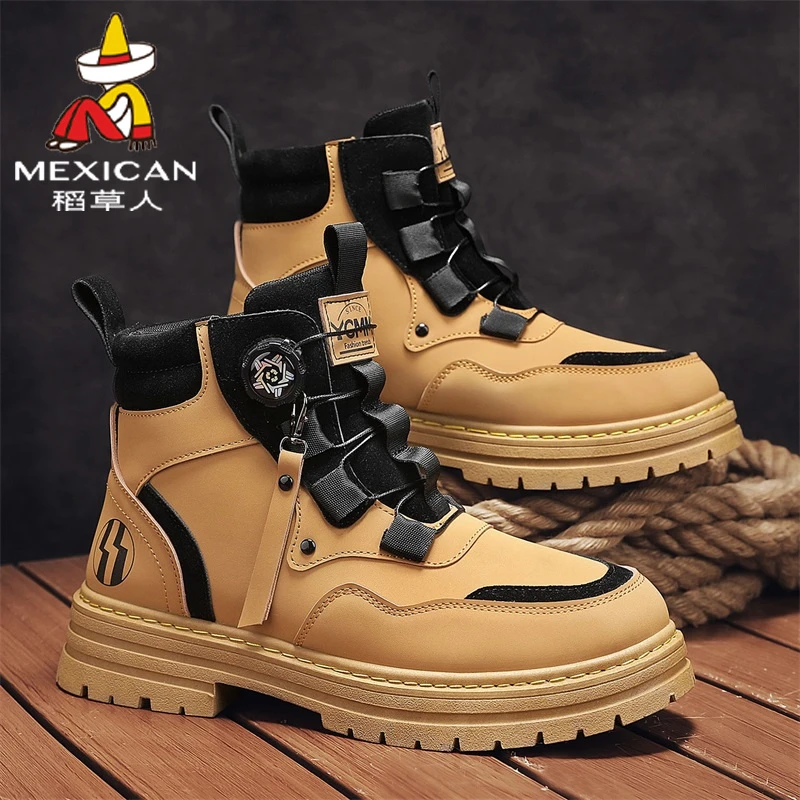 稻草人马丁靴男鞋2025秋季新款厚底工装靴高帮潮鞋休闲百搭运动鞋