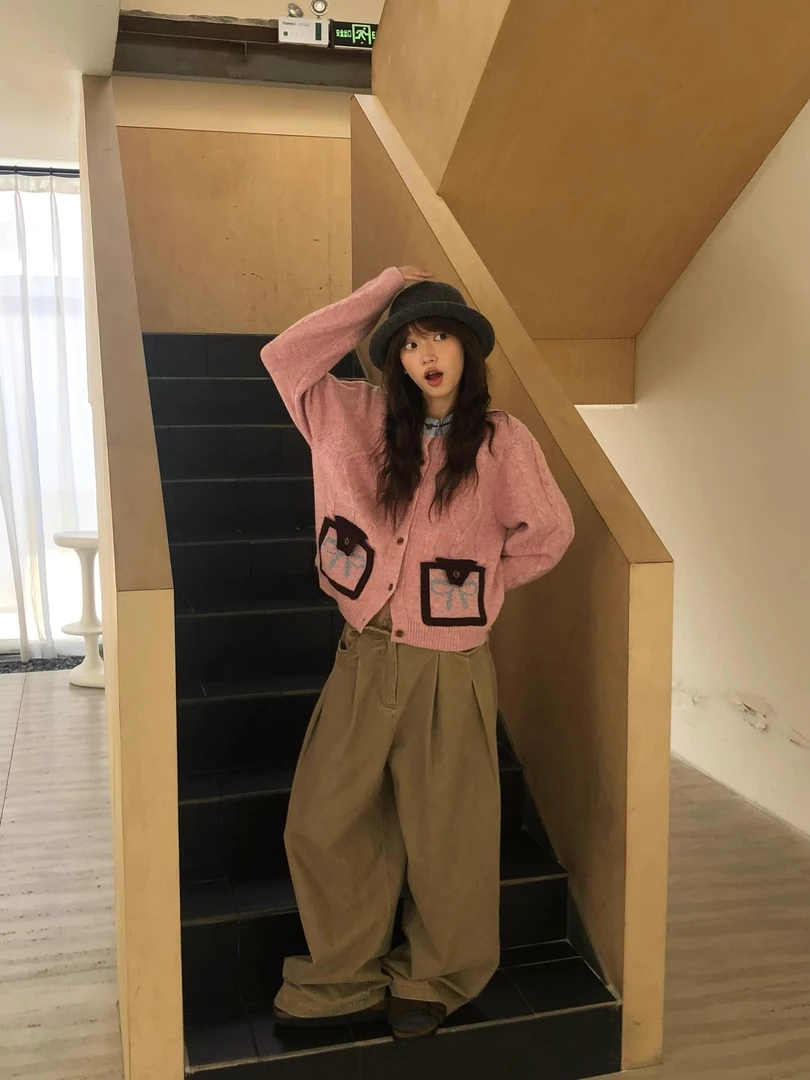 蝴蝶结麻花毛衣撞色开衫女秋冬新款复古软糯慵懒风针织外套潮甜美