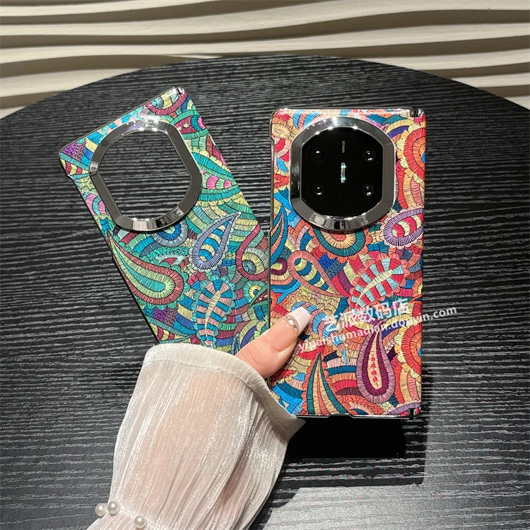 适用华为mate x7手机壳新款x6折叠x5典藏版素皮腰果花带中轴防摔