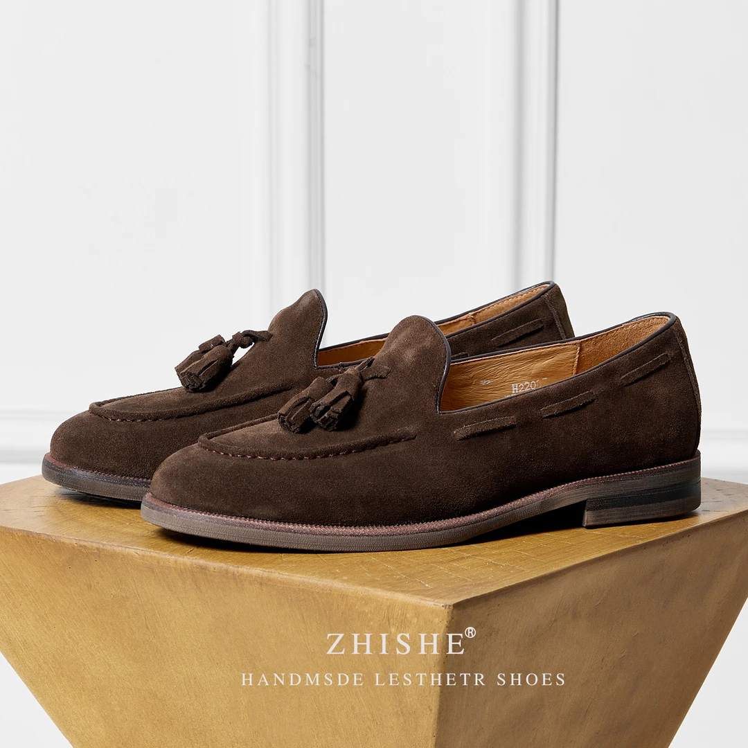 流苏反绒乐福鞋男高级感一脚蹬真皮透气英伦休闲套脚豆豆鞋皮鞋男