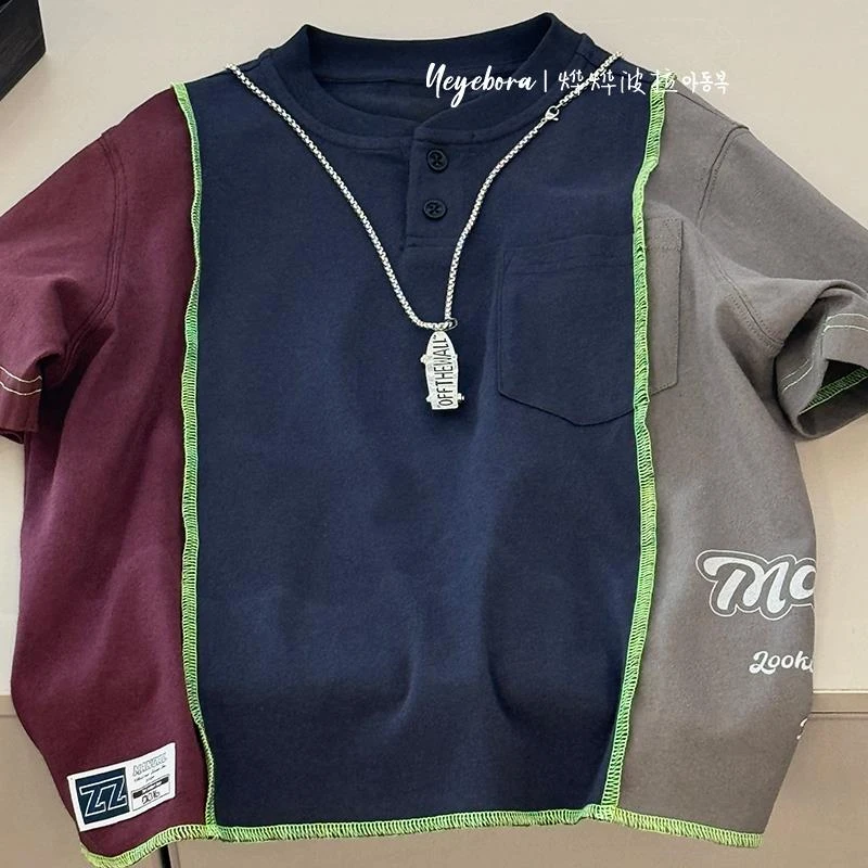 韩国帅气男孩设计款儿童短袖2025夏季男童休闲T恤中大童撞色上衣t