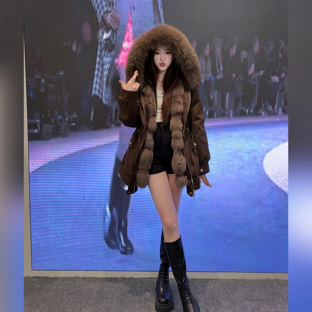 【山茶花之恋】狐狸毛2024冬季新款派克服修身洋气加大狐狸毛毛领
