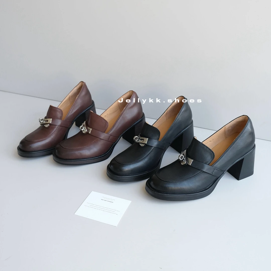 【Jellykk】7cm极简kelly扣时装增高粗跟头层牛皮圆头百搭乐福鞋