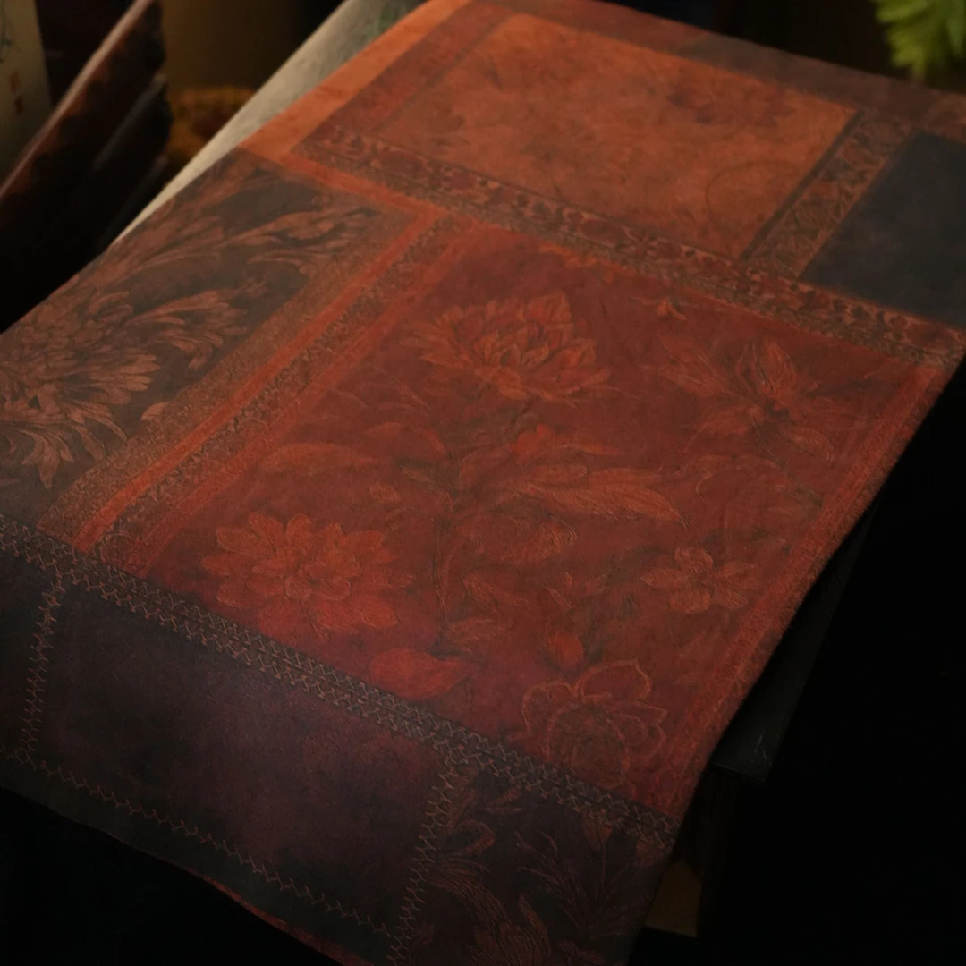 香云纱秋庭叶复古刺绣双面茶桌席63*34.5cm