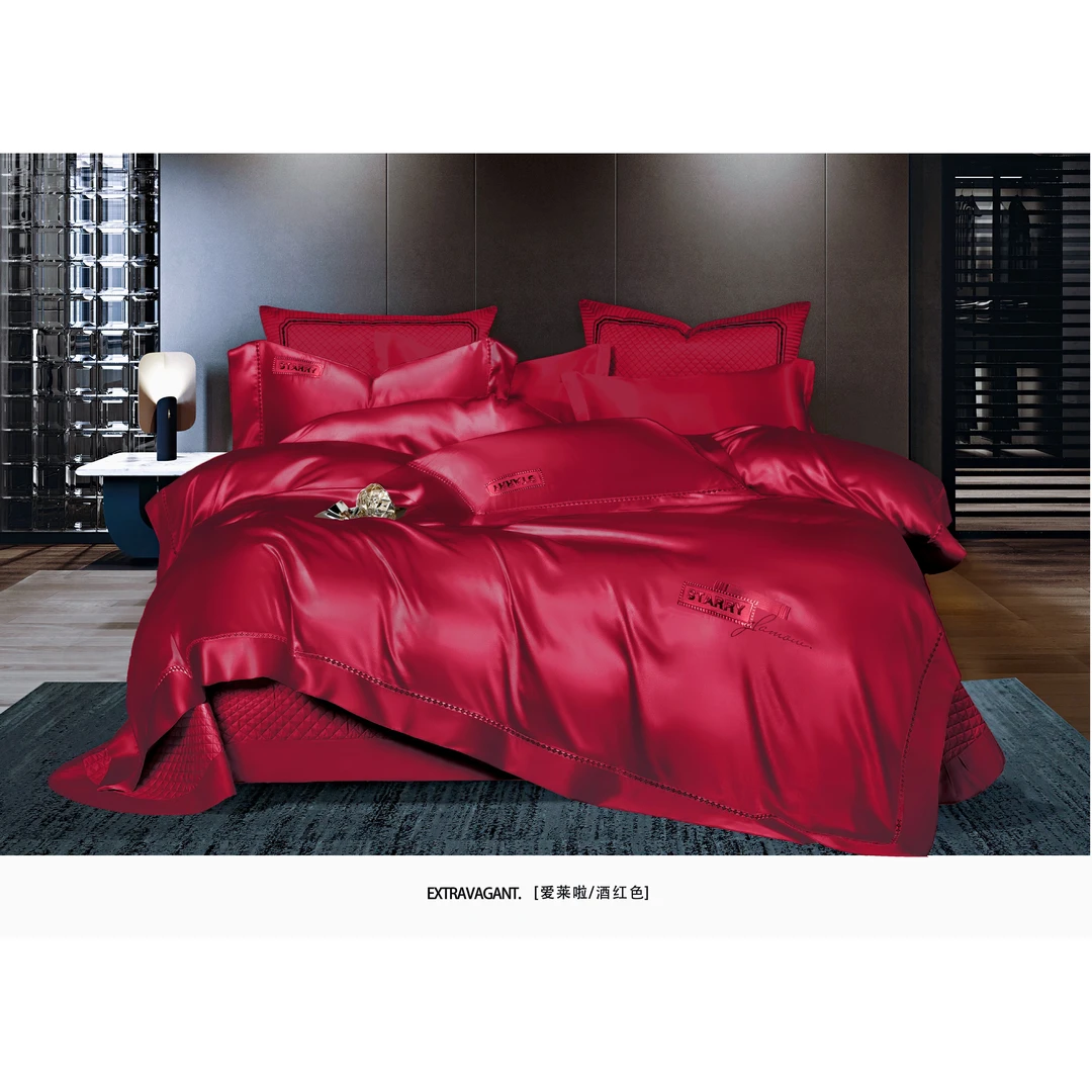 【宝艾轻奢】超柔加密真丝棉纯棉色织床盖四件套-爱莱拉/酒红