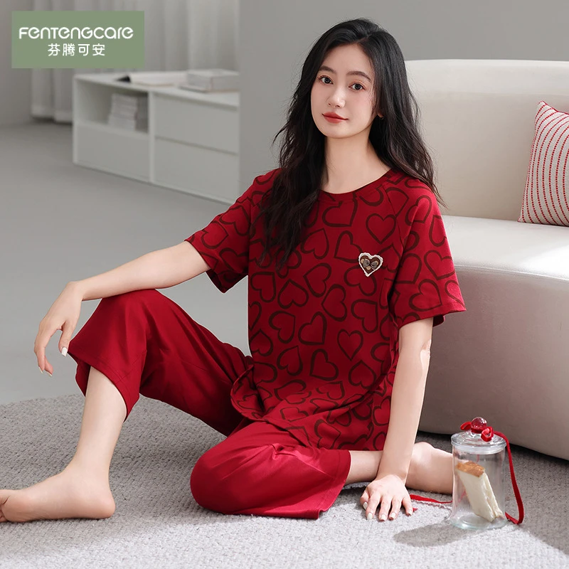 芬腾可安短袖七分裤女士夏季睡衣纯棉春夏红色喜庆圆领时尚家居服