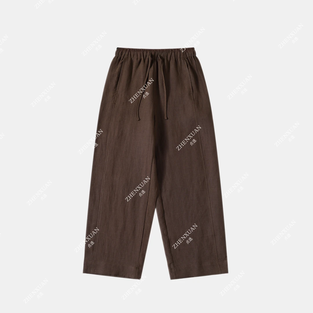 1350-直筒休闲裤汉麻长裤薄款短裤纯色复古阔腿裤老钱风宽松