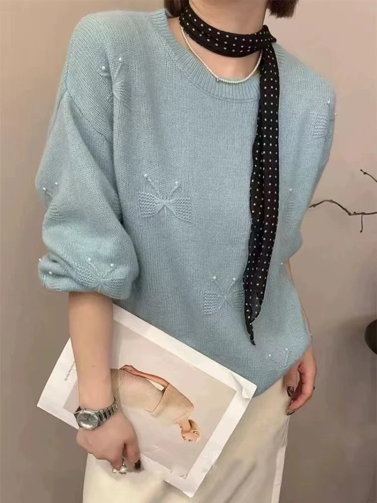 韩系钉珠钩花绒毛针织衫时尚百搭上衣