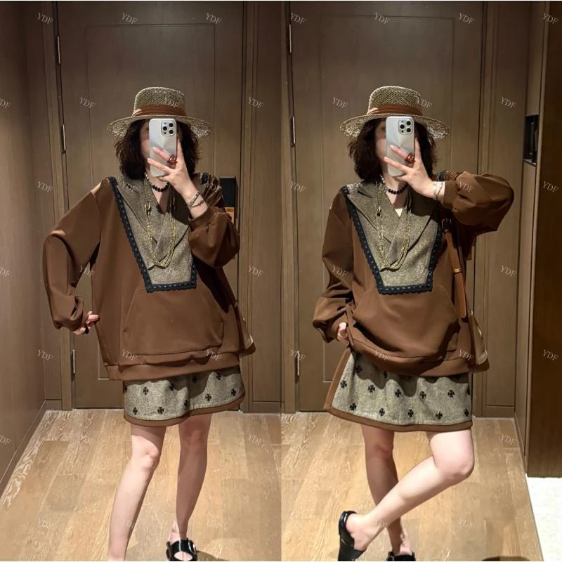 YDFSTUDIO小众【挪威之旅】欧货高品撞色拼接V领设计上衣+裙裤套装