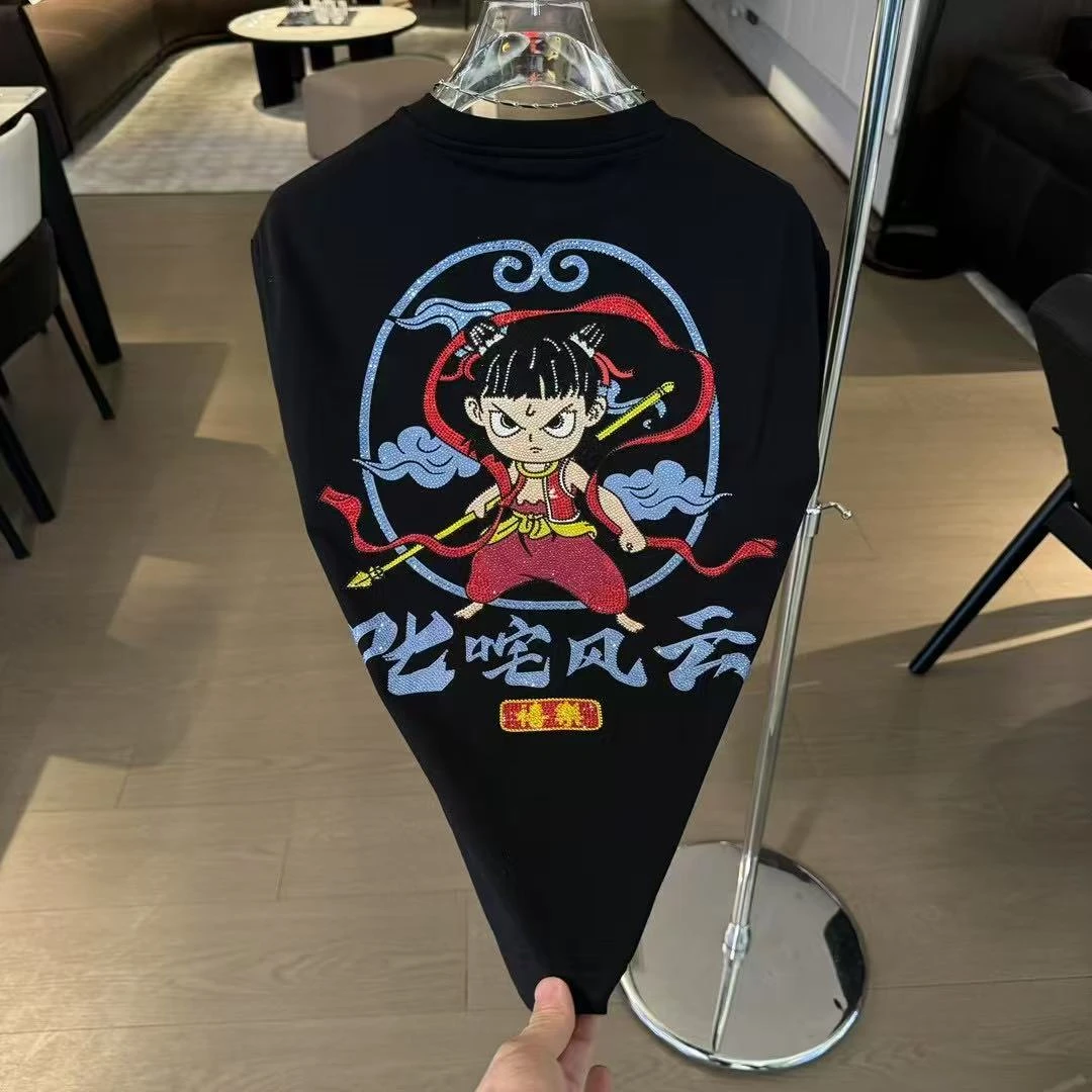 哪吒彩钻新年红设计感短袖时尚背后百搭休闲T恤简约