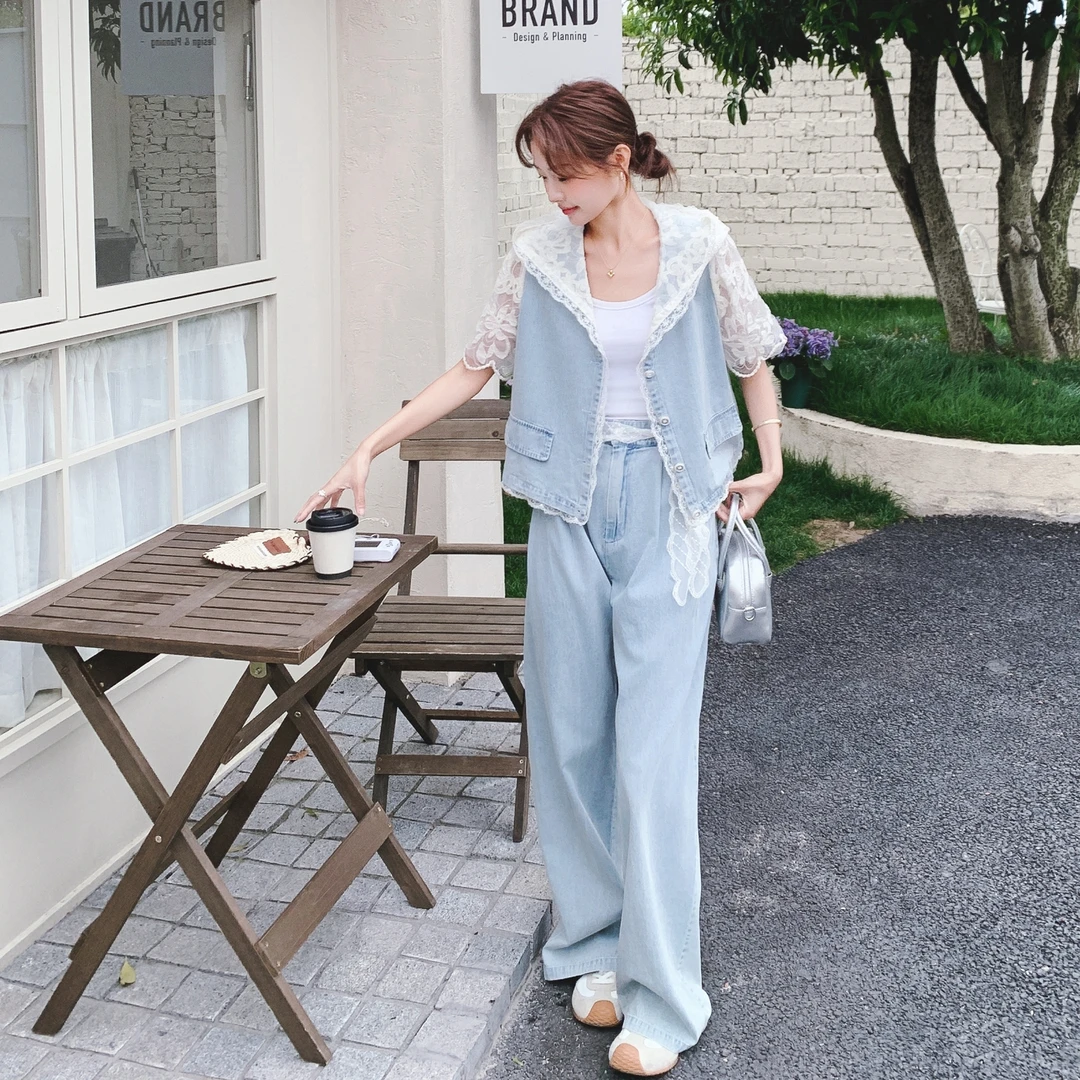 夏季ootd减龄穿搭一整套女夏高级感蕾丝拼接牛仔上衣阔腿裤两件套