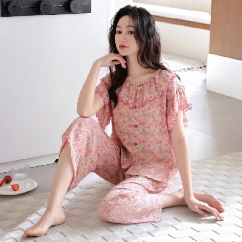 女士韩系甜美风荷叶边碎花开衫短袖长裤睡衣夏季新款家居服可外穿