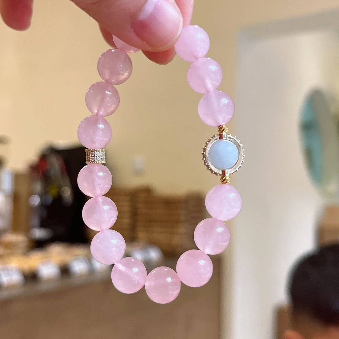 天然粉水晶手链女10mm珠搭配蓝月光海蓝宝轻奢小众时尚水晶手串珠