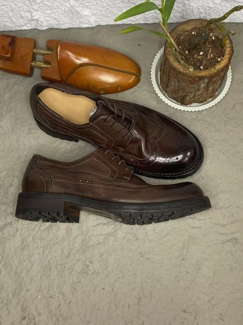 新款马皮水洗做旧复古男款德比鞋固特异雕花英伦风商务时尚系带