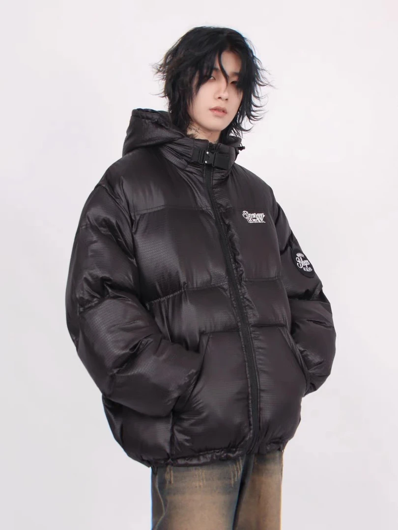 肌理感美式街头重磅设计感棉服女冬季加厚情侣连帽面包服外套潮