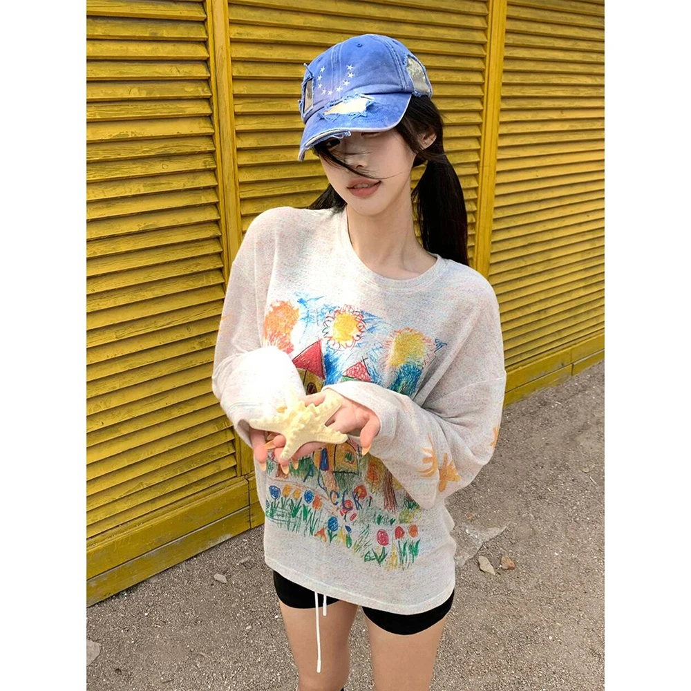 复古慵懒感彩色打底薄透气手绘涂鸦长袖罩衫上衣百搭时尚显瘦