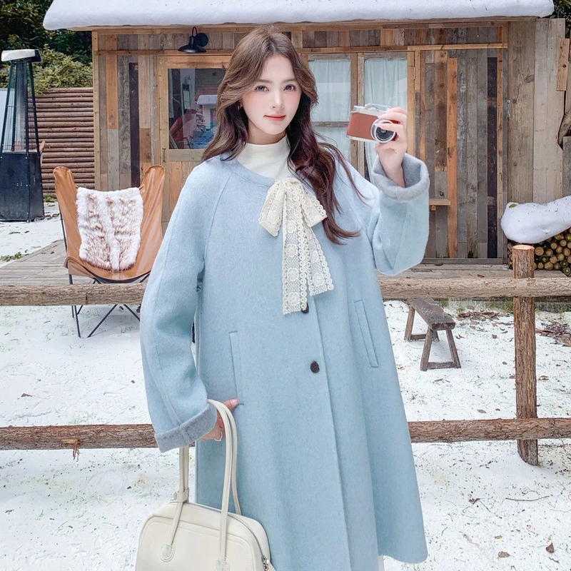 2025年秋冬新款韩系双面羊绒大衣女小个子蕾丝系带羊毛呢外套女减
