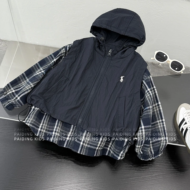 【西西】春秋装儿童韩版格纹假两件宽松连帽拉链式外套SJ6088-QQ1