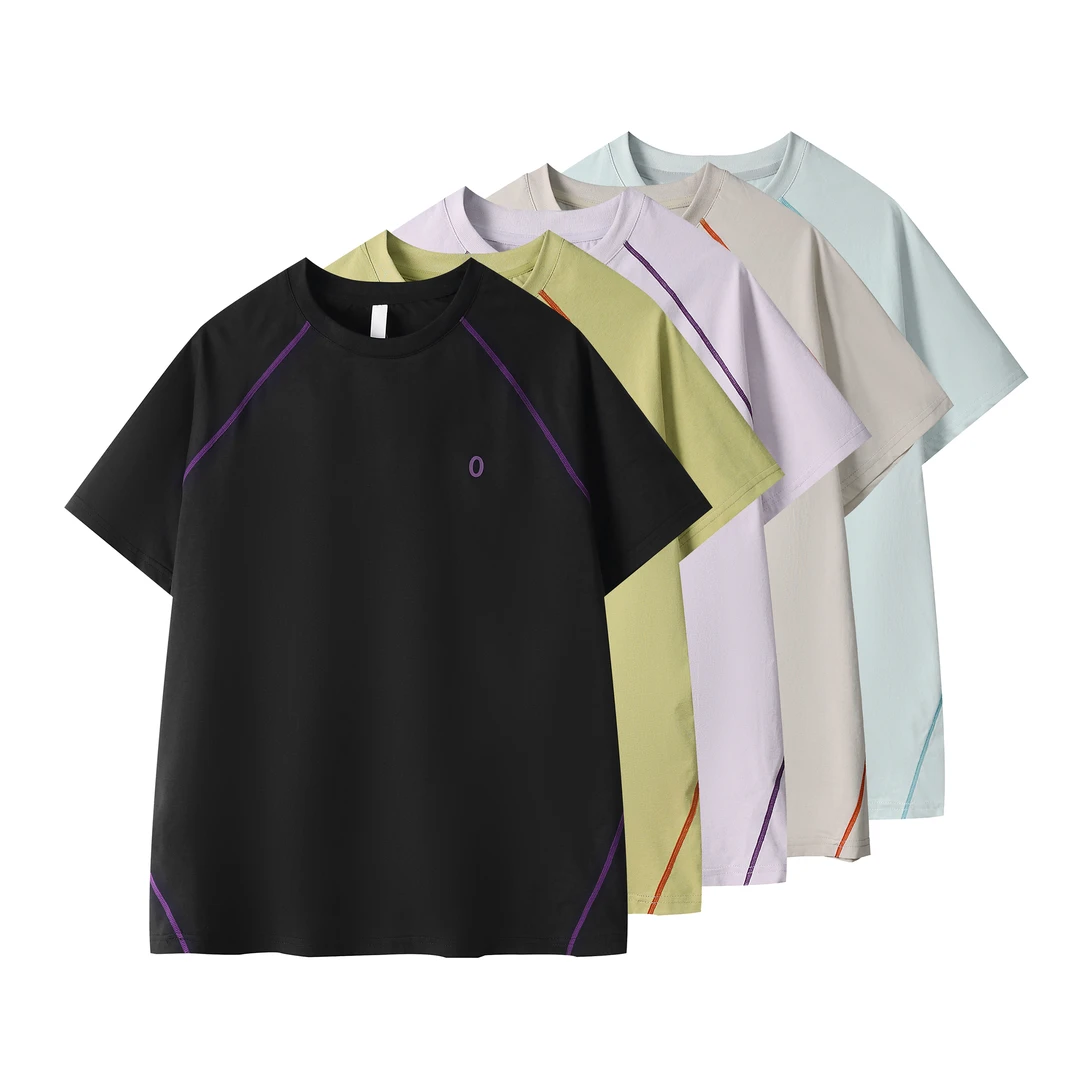 夏季户外休闲t恤宽松运动速干透气拼接明线舒适轻薄印花圆领短袖