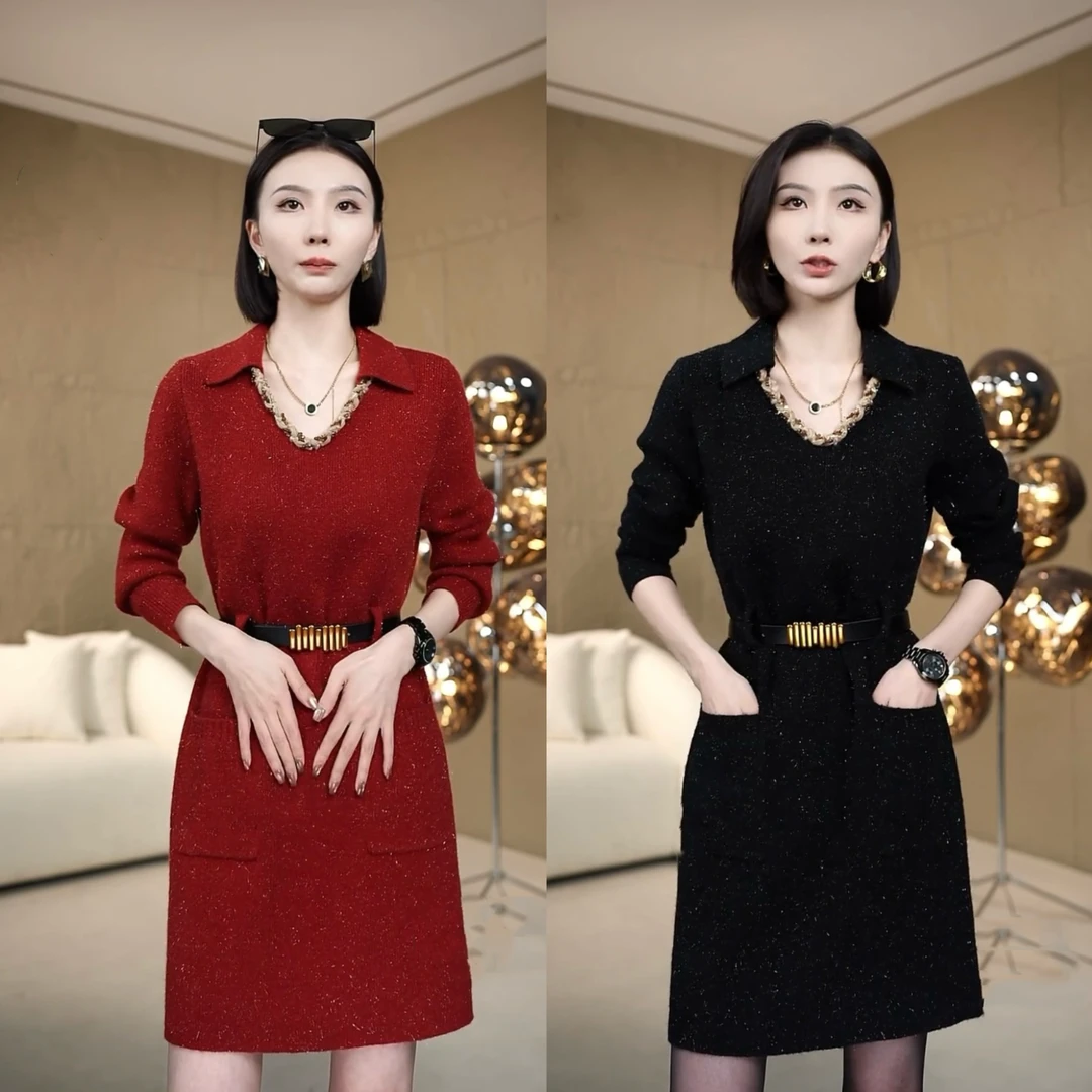 2025春秋季新年红法式高级感轻奢重工针织衫连衣裙软糯打底裙圣诞