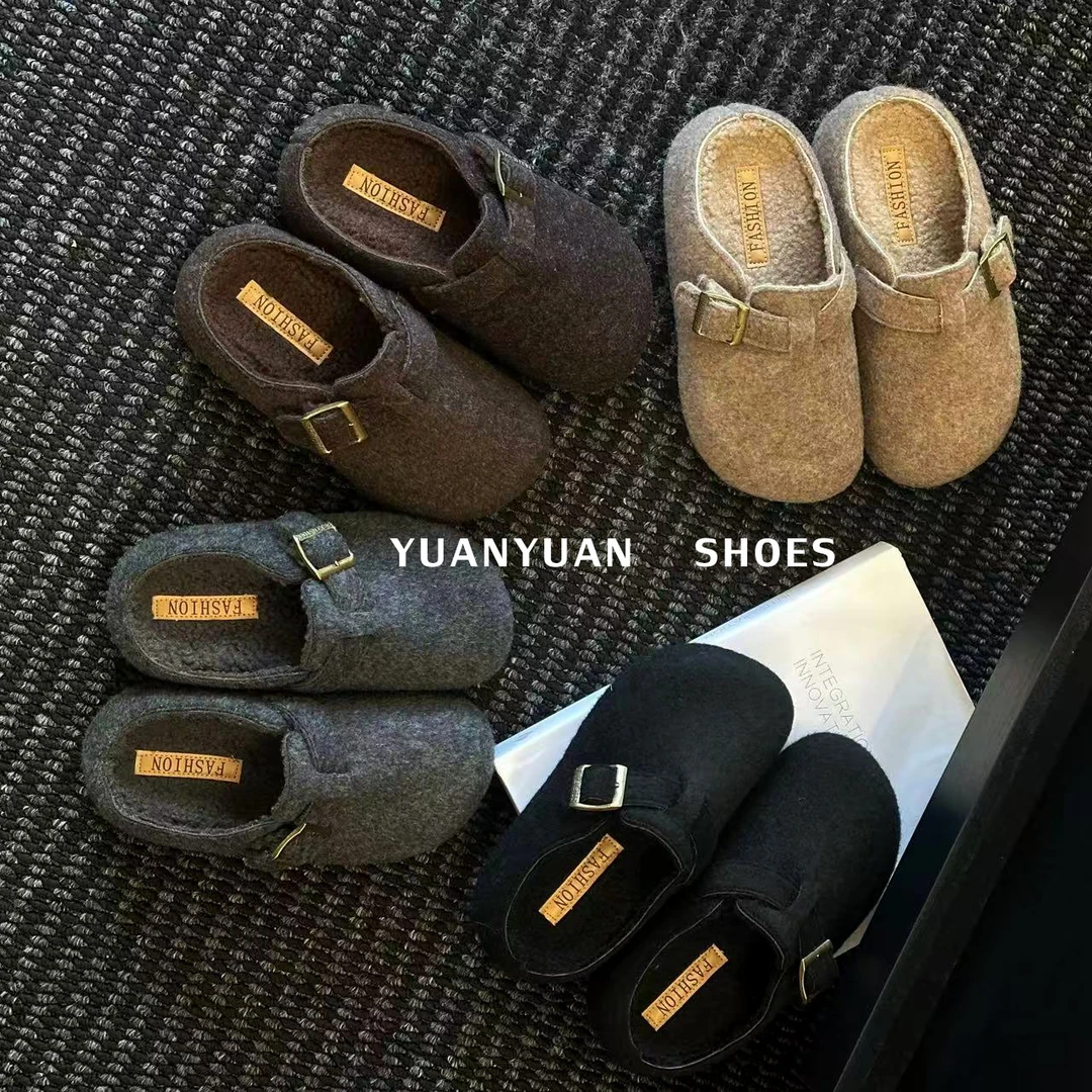 勃肯鞋秋冬季搭扣单鞋百搭休闲韩版厚底加绒鞋子半拖女鞋外穿