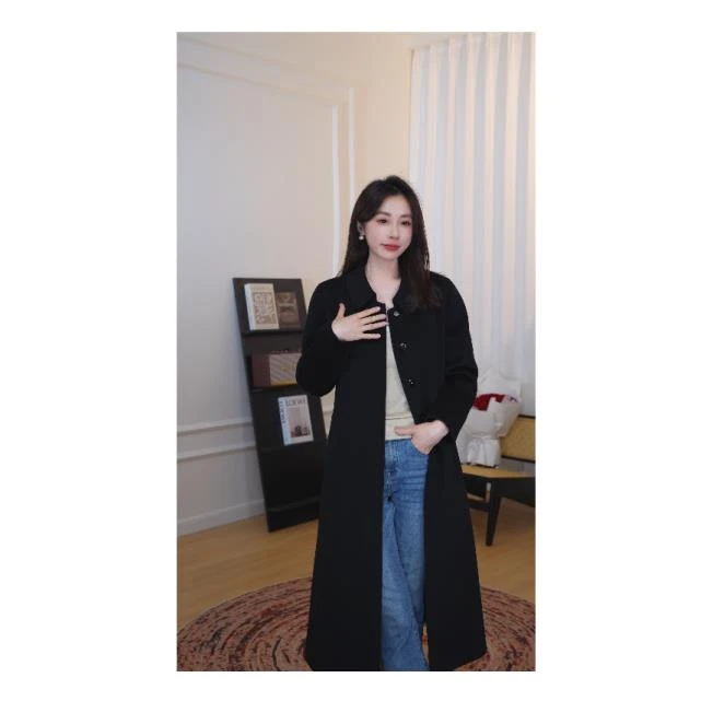 【年中一折】百百羊毛翻领长款毛呢外套女装黑色呢大衣WS210869