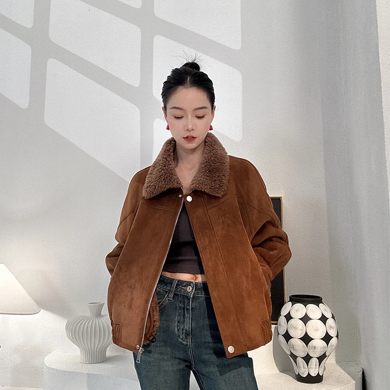 ZIKUO/紫阔冬季新款机车翻领美拉德风休闲绵羊毛全羊毛颗粒620