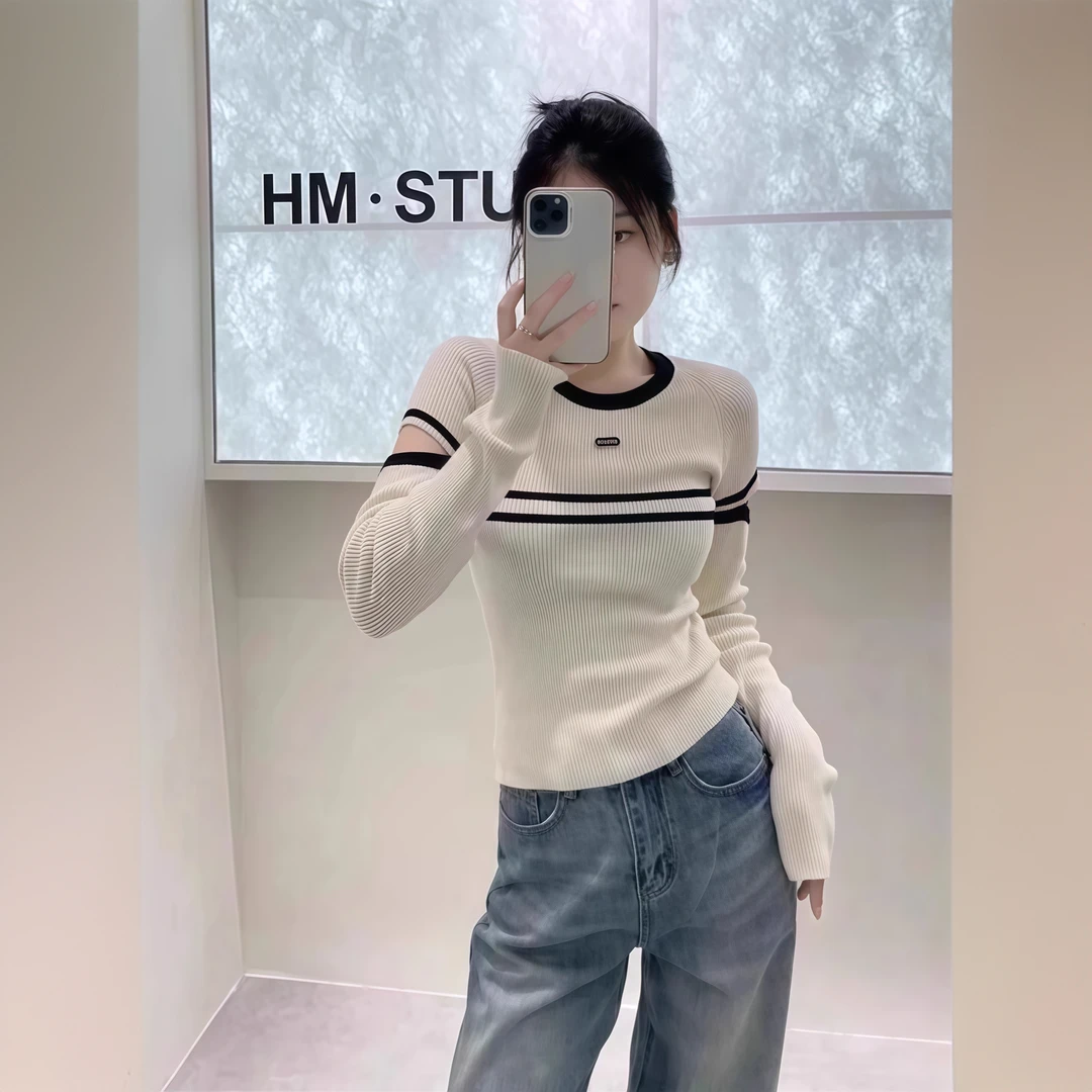 设计感条纹撞色打底衫镂空上衣女早春季高级感时尚气质内搭针织衫