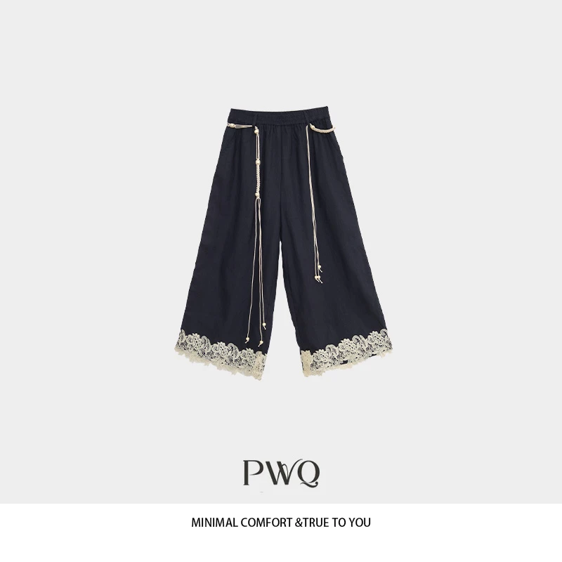 【午后曼谷】休闲裤蕾丝拼接全亚麻下摆腰带绑绳八分裤CC-25424XK62