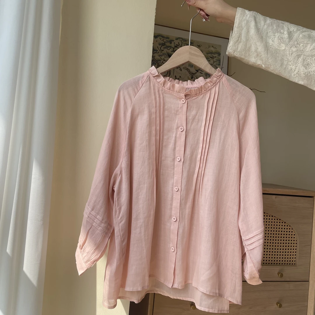 【筱然】2025春夏新款褶皱花边圆领衬衫休闲简约小衫苎麻纯色上衣