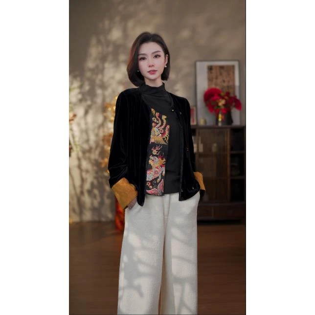 GONG QUE 新中式秋冬款真丝丝绒刺绣衬衣 242467
