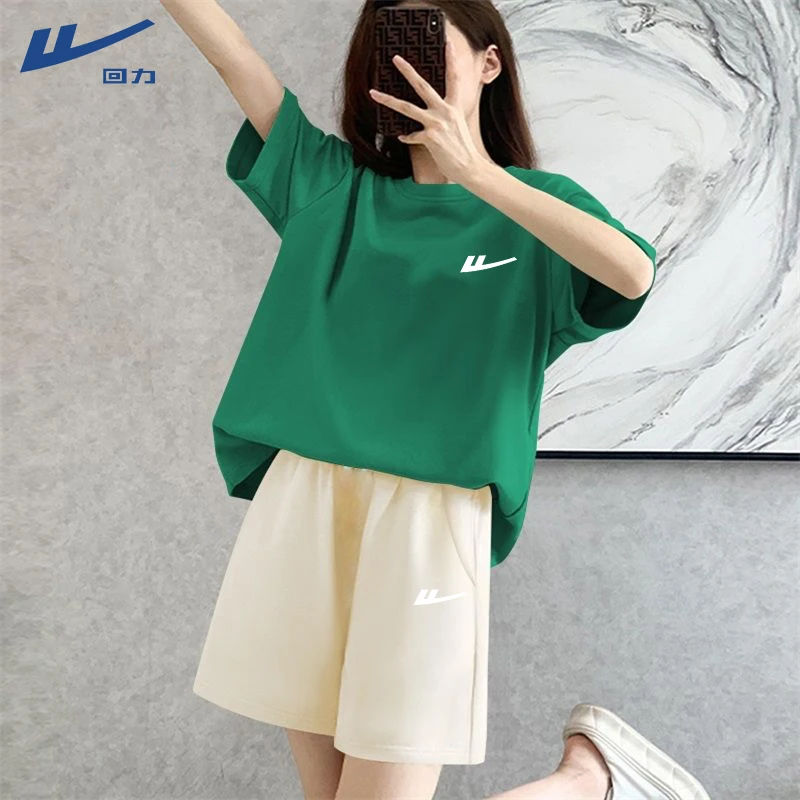 回力休闲衣服女慵懒风夏季宽松休闲小个子纯棉短袖高腰短裤两件套