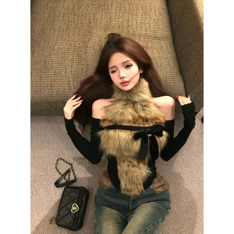 复古辣妹风设计感毛毛拼接高领露肩加绒长袖百搭显瘦上衣女装冬季