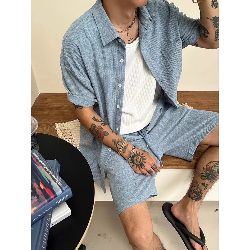 老钱风夏秋一整套装凉感短袖衬衫男夏季慵懒休闲短裤薄款男款简约