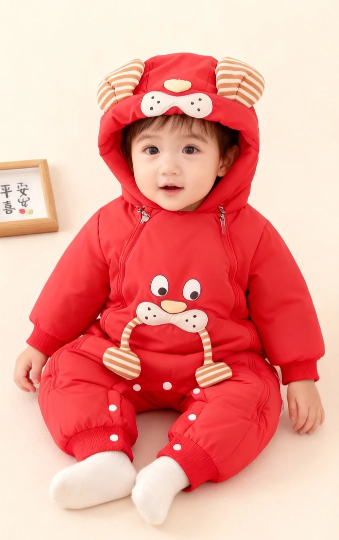 新款婴儿新生儿宝宝卡通顽皮虎加绒加厚保暖三防冲锋衣连体爬服