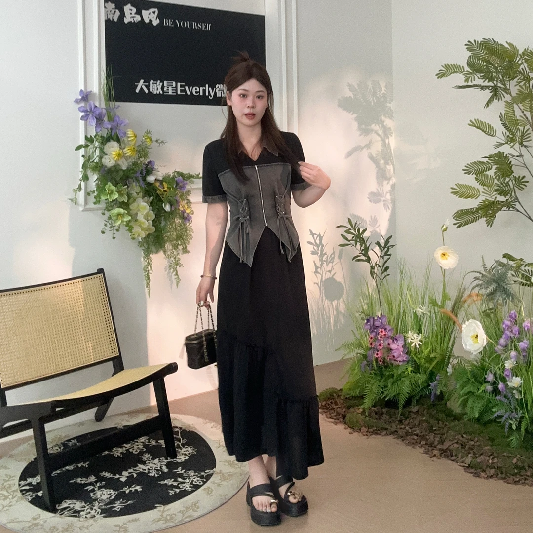 敏敏&南岛风大码女装绑带收腰连衣裙胖mm夏季显瘦假两件长裙ZZM51