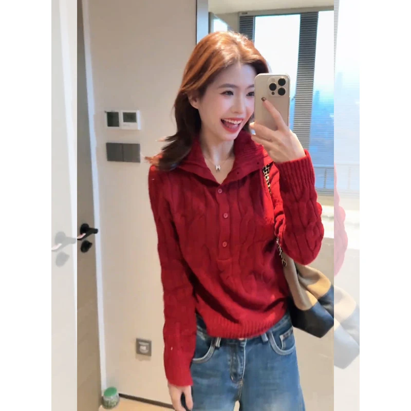 高级感红色高领长袖针织打底衫女秋冬宽松显瘦毛衣内搭麻花小上衣