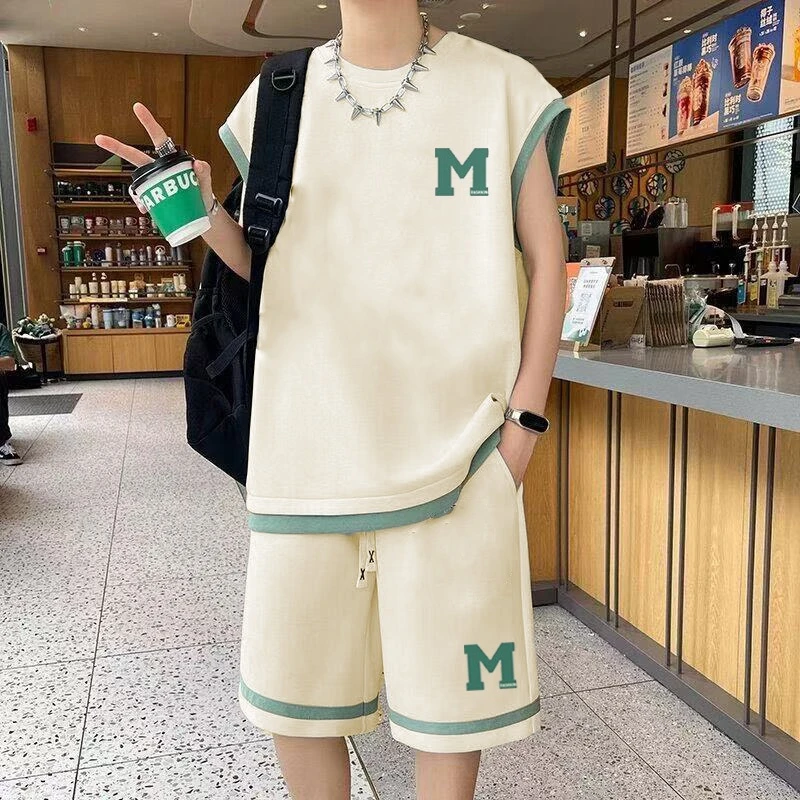 青少年休闲运动套装男士宽松无袖背心短裤两件套搭配一套帅气夏季